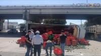 Camión aguacatero vuelca en la lateral del Boulevard Industrial